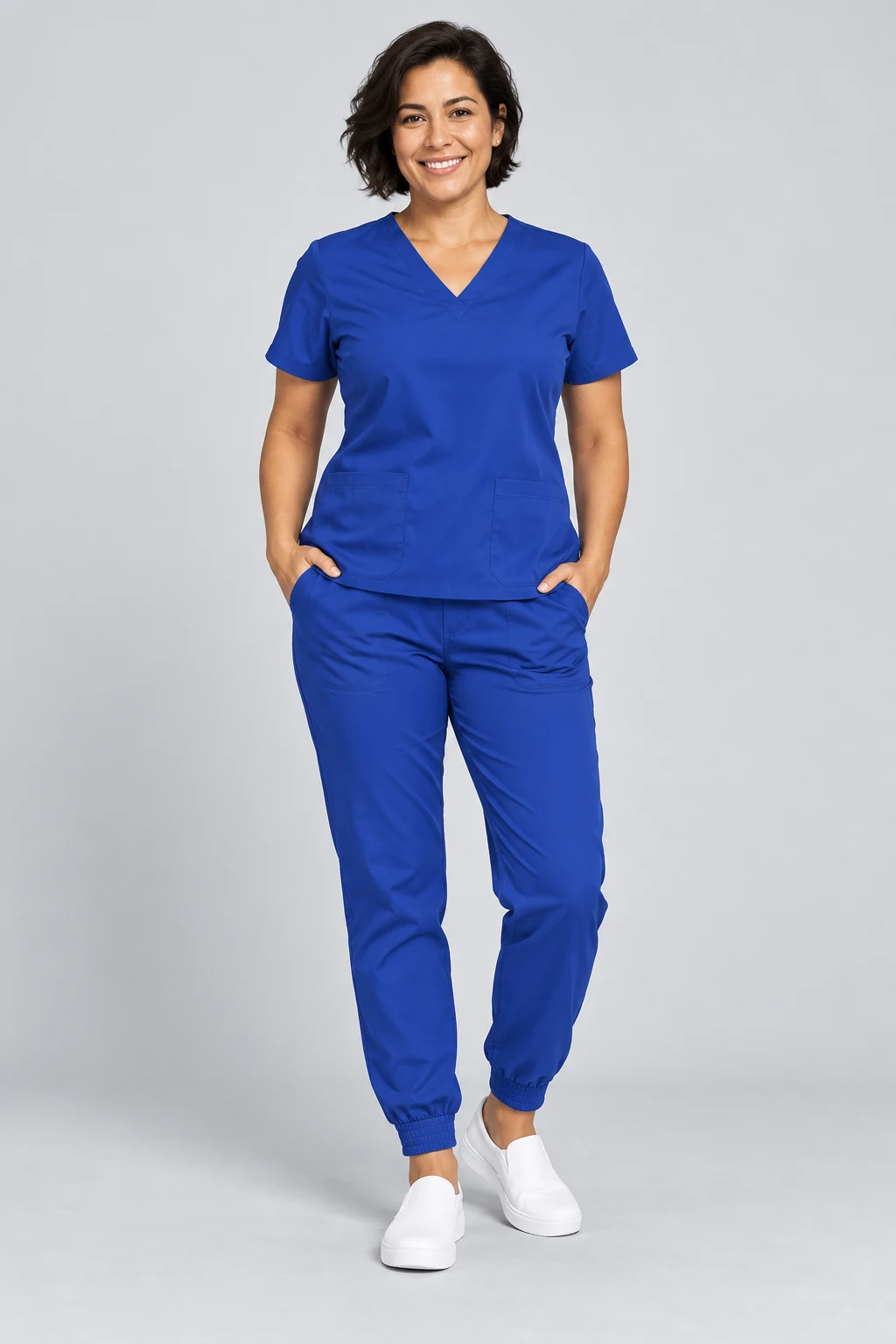 Imagem ilustrativa de scrub com decote V e calça jogger